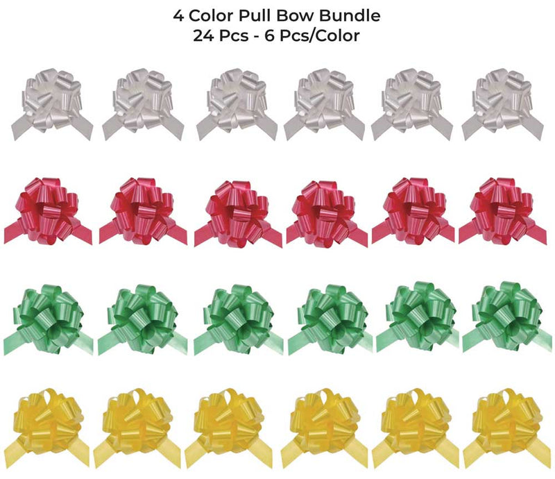 24-pcs 6" Poly Pull Bow Assortment | Green/White/Red/Yellow