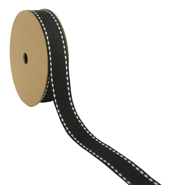 5/8" Saddle Stitch Grosgrain Ribbon | Black (030)/White Stitch | 25 Yard Roll