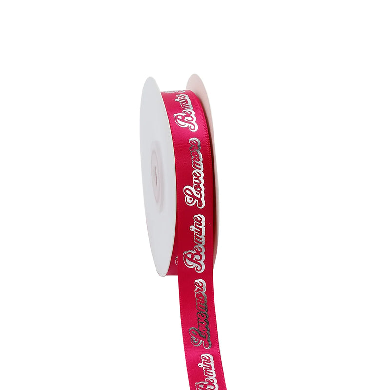 5/8" Printed Single Face Satin Ribbon | "Be Mine Love More" Azalea (187)/Silver Print | 20 Yard Roll