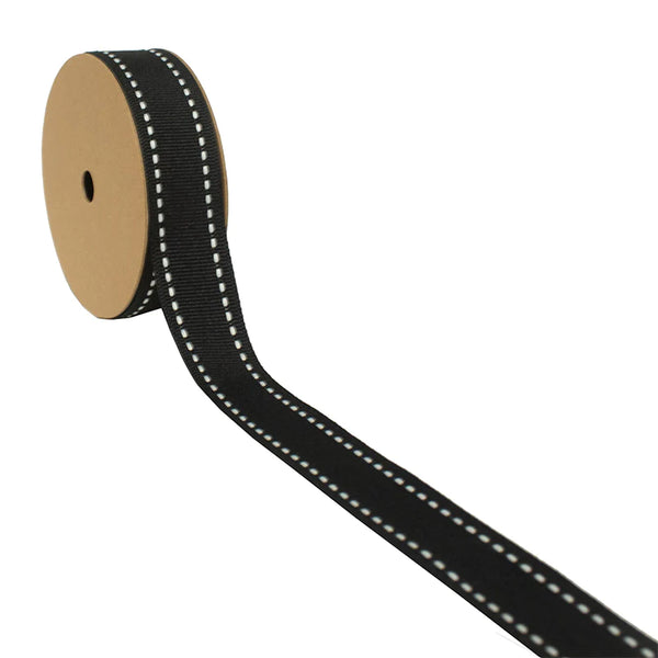 7/8" Saddle Stitch Grosgrain Ribbon | Black (030)/White Stitch | 25 Yard Roll