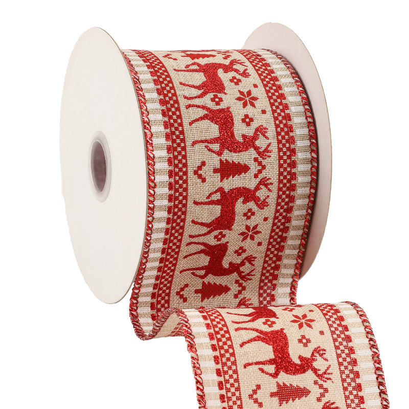 2 1/2" Wired Ribbon | "Reindeer" Natural/Red | 10 Yard Roll