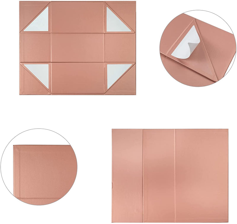 14" x 9" x 4.3" Collapsable Gift Box w/ Magnetic Square Flap Lid | Rose Gold