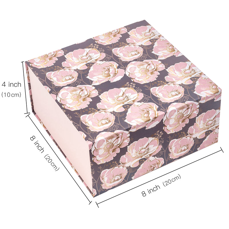 8" x 8" x 4" Collapsable Gift Box w/ 2-pcs White Tissue Paper & Magnetic Square Flap Lid | Elegant Floral