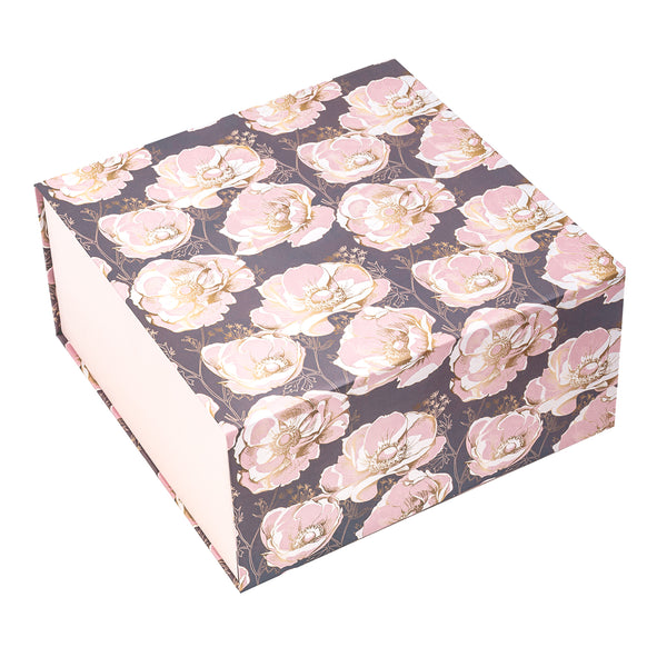 8" x 8" x 4" Collapsable Gift Box w/ 2-pcs White Tissue Paper & Magnetic Square Flap Lid | Elegant Floral