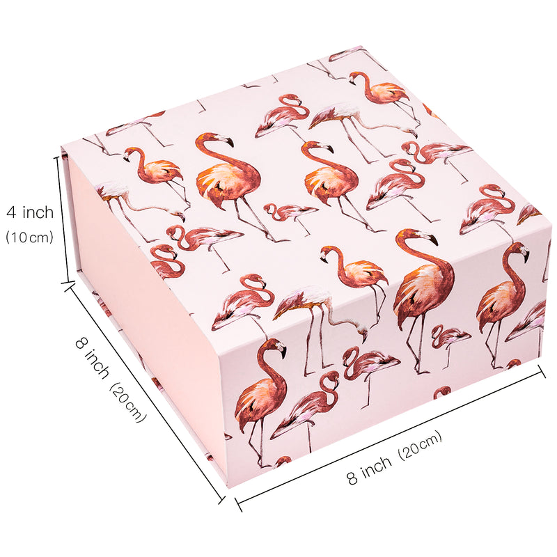 8" x 8" x 4" Collapsable Gift Box w/ 2-pcs White Tissue Paper & Magnetic Square Flap Lid | Flamingo