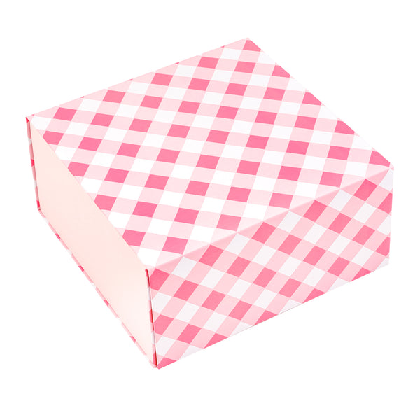 8" x 8" x 4" Collapsable Gift Box w/ 2-pcs White Tissue Paper & Magnetic Square Flap Lid | Light Pink And White Plaid