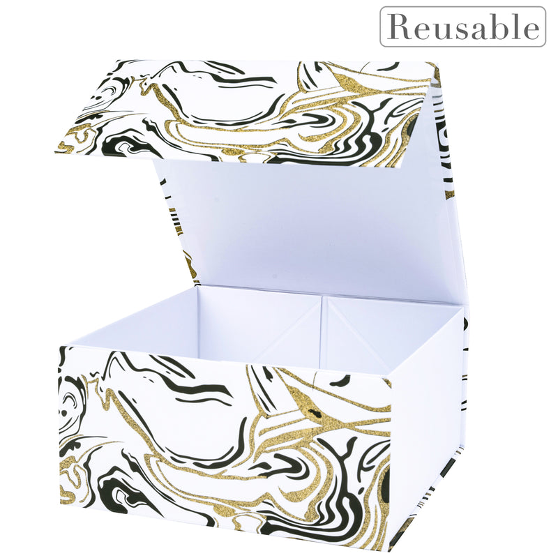 8" x 8" x 4" Collapsable Gift Box w/ 2-pcs White Tissue Paper & Magnetic Square Flap Lid | Glitter Marble