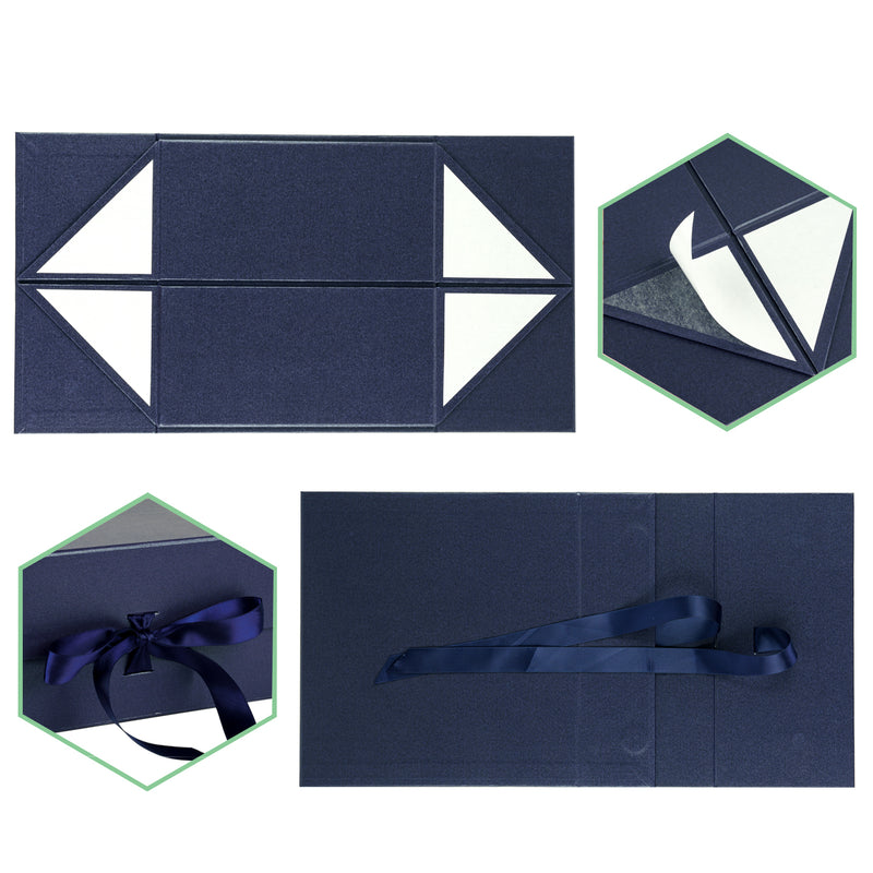 8" x 8" x 4" Collapsable Gift Box w/ Satin Ribbon & Magnetic Square Flap Lid (2-pack) | Navy