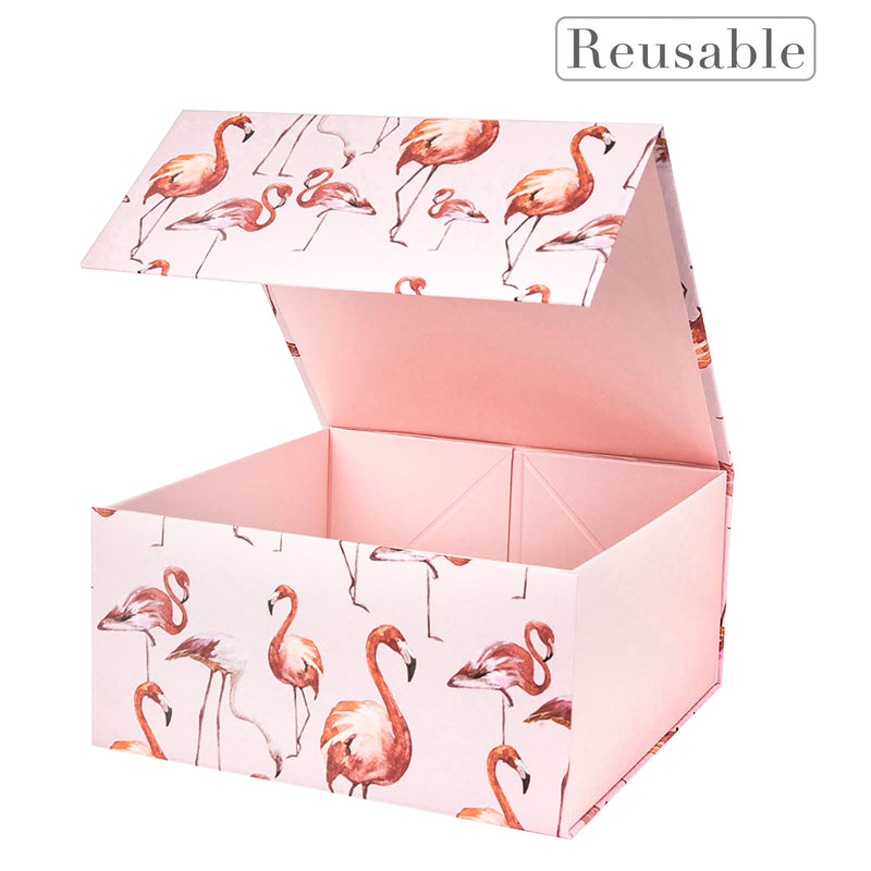 8" x 8" x 4" Collapsable Gift Box w/ 2-pcs White Tissue Paper & Magnetic Square Flap Lid | Flamingo