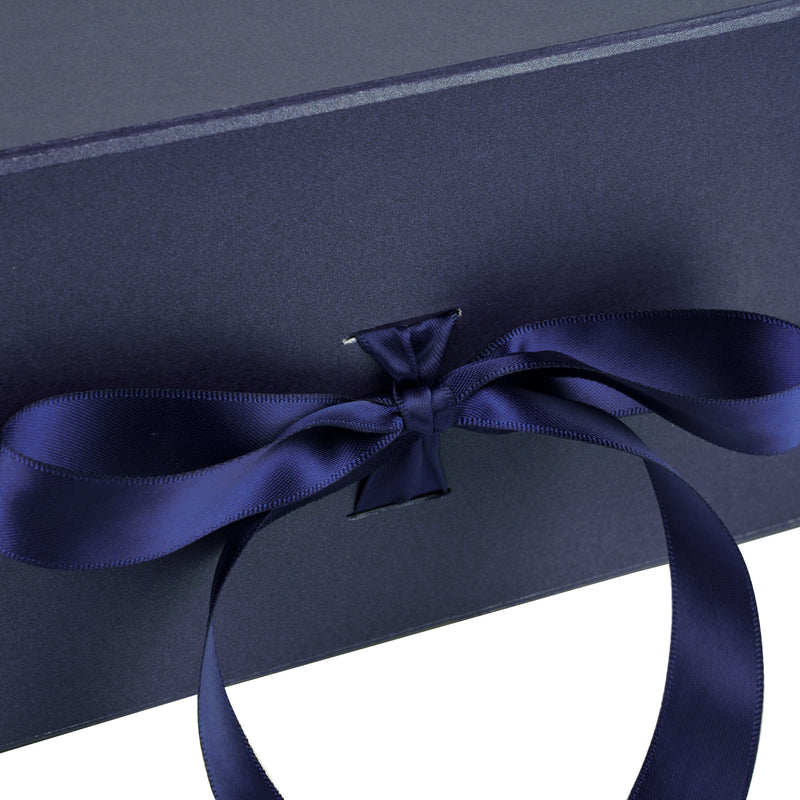 8" x 8" x 4" Collapsable Gift Box w/ Satin Ribbon & Magnetic Square Flap Lid (2-pack) | Navy