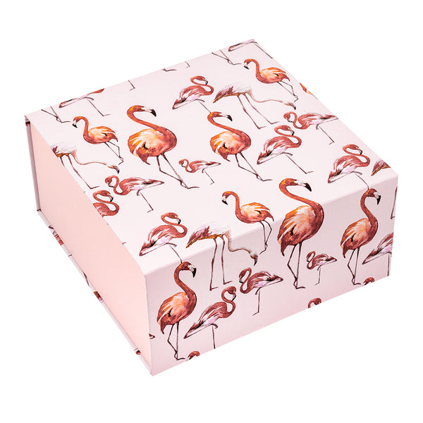 8" x 8" x 4" Collapsable Gift Box w/ 2-pcs White Tissue Paper & Magnetic Square Flap Lid | Flamingo