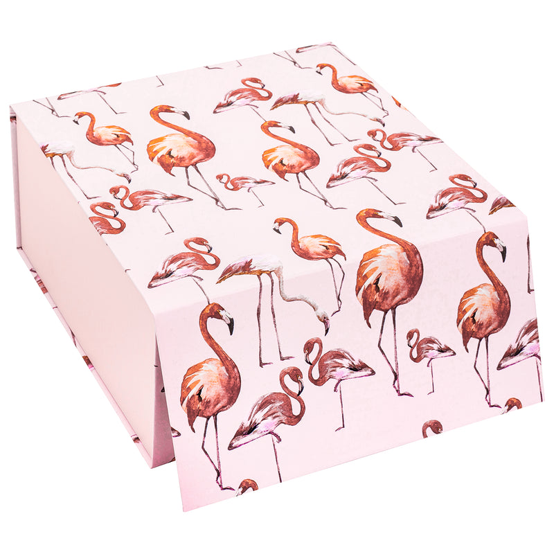 8" x 8" x 4" Collapsable Gift Box w/ 2-pcs White Tissue Paper & Magnetic Square Flap Lid | Flamingo