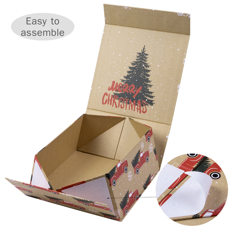 8" x 8" x 4" Collapsable Holiday Gift Box w/ 2-pcs White Tissue Paper & Magnetic Square Flap Lid | Red Truck And Christmas Tree