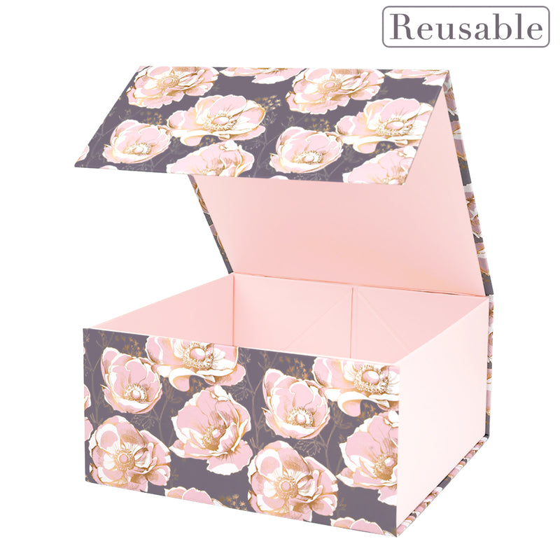 8" x 8" x 4" Collapsable Gift Box w/ 2-pcs White Tissue Paper & Magnetic Square Flap Lid | Elegant Floral