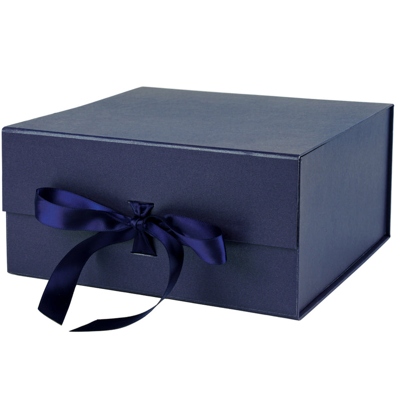 8" x 8" x 4" Collapsable Gift Box w/ Satin Ribbon & Magnetic Square Flap Lid (2-pack) | Navy