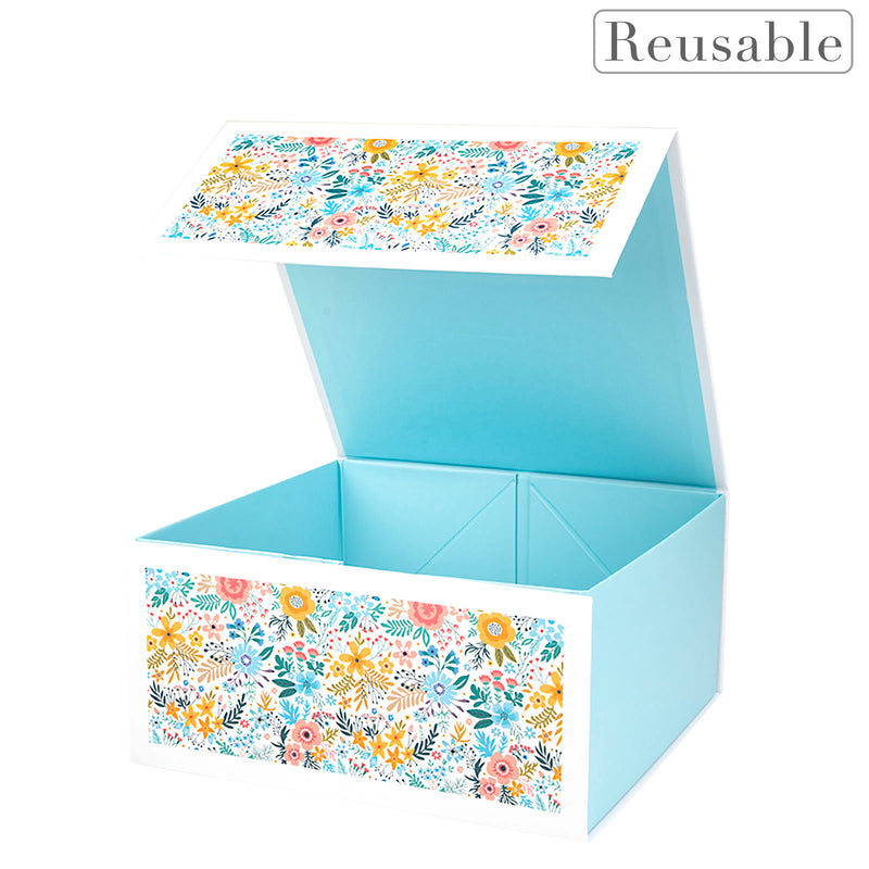 8" x 8" x 4" Collapsable Gift Box w/ 2-pcs White Tissue Paper & Magnetic Square Flap Lid | Yellow Floral