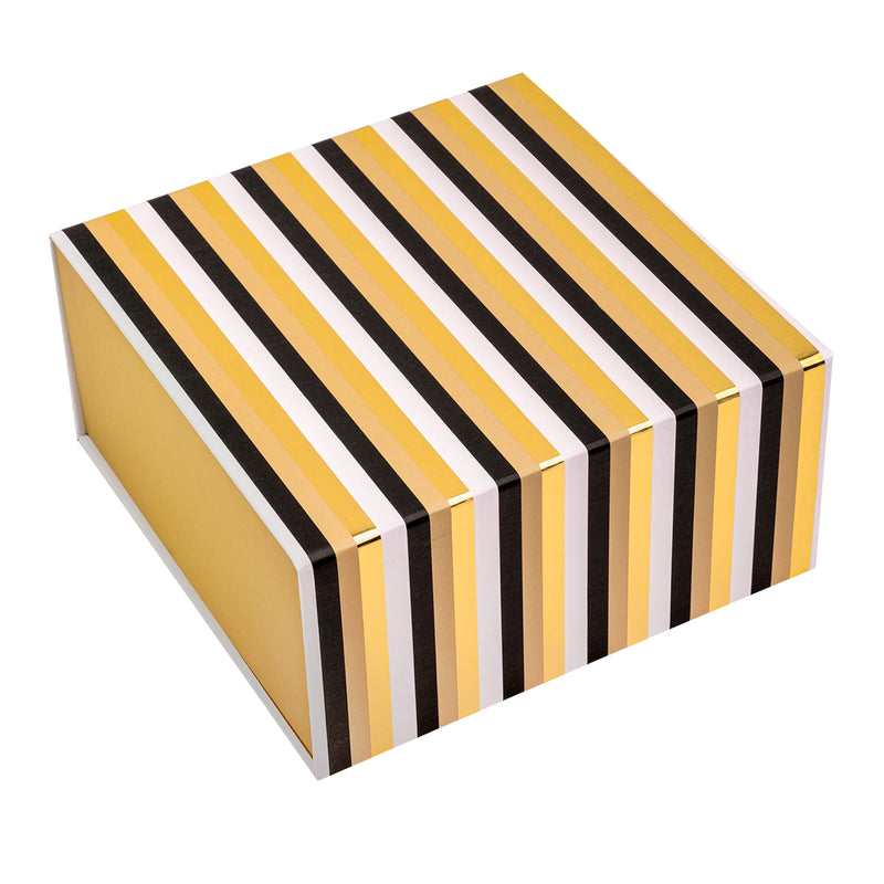 8" x 8" x 4" Collapsable Gift Box w/ 2-pcs White Tissue Paper & Magnetic Square Flap Lid | Classic Stripe