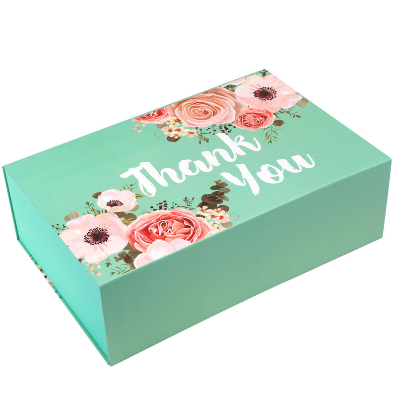 14" x 9" x 4.3" Collapsable Gift Box w/ 2-pcs White Tissue Paper & Magnetic Square Flap Lid | Floral Thank You