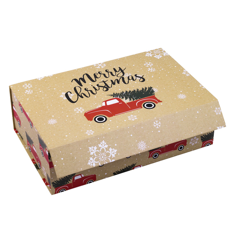 14" x 9" x 4.3" Collapsable Holiday Gift Box w/ 2-pcs White Tissue Paper & Magnetic Square Flap Lid | Red Truck And Christmas Tree