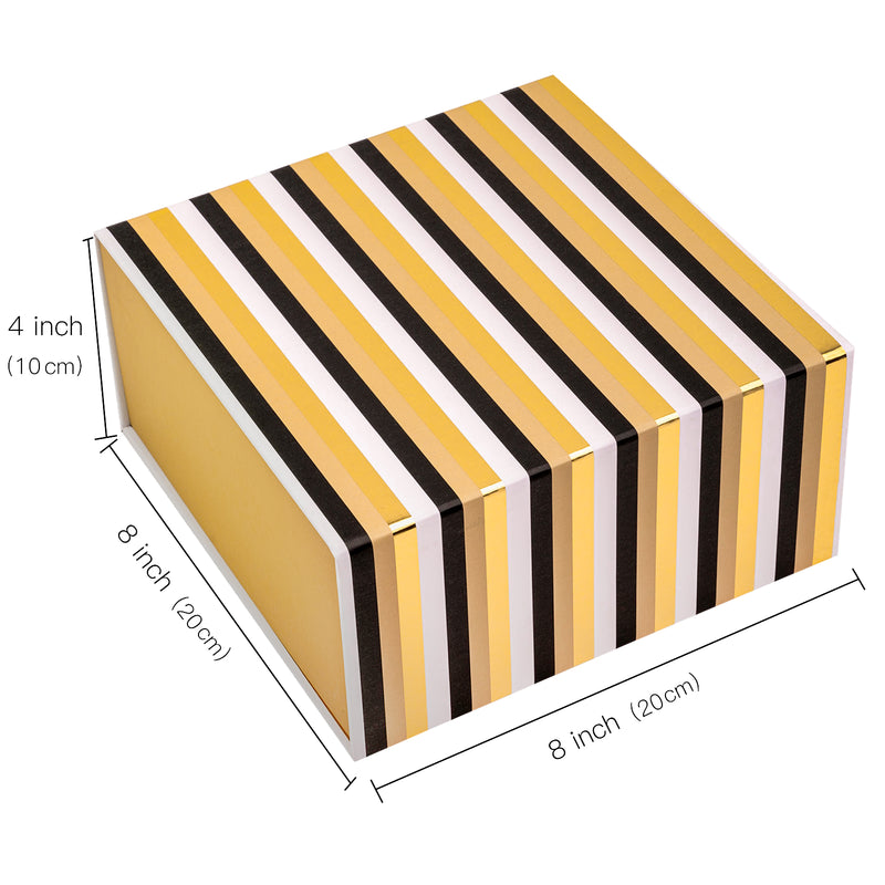 8" x 8" x 4" Collapsable Gift Box w/ 2-pcs White Tissue Paper & Magnetic Square Flap Lid | Classic Stripe