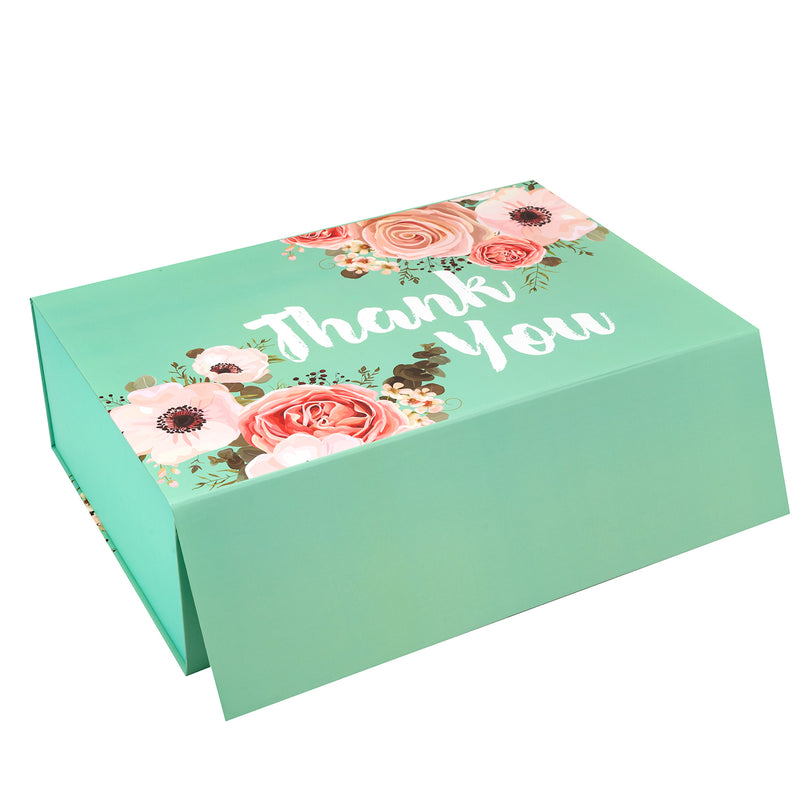 14" x 9" x 4.3" Collapsable Gift Box w/ 2-pcs White Tissue Paper & Magnetic Square Flap Lid | Floral Thank You