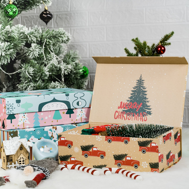 14" x 9" x 4.3" Collapsable Holiday Gift Box w/ 2-pcs White Tissue Paper & Magnetic Square Flap Lid | Red Truck And Christmas Tree