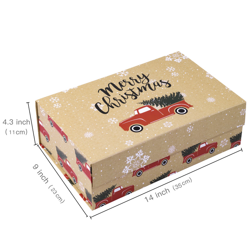 14" x 9" x 4.3" Collapsable Holiday Gift Box w/ 2-pcs White Tissue Paper & Magnetic Square Flap Lid | Red Truck And Christmas Tree