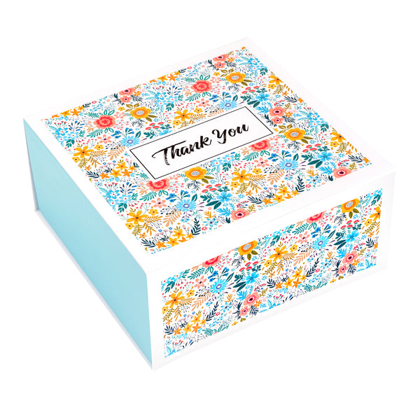 8" x 8" x 4" Collapsable Gift Box w/ 2-pcs White Tissue Paper & Magnetic Square Flap Lid | Yellow Floral