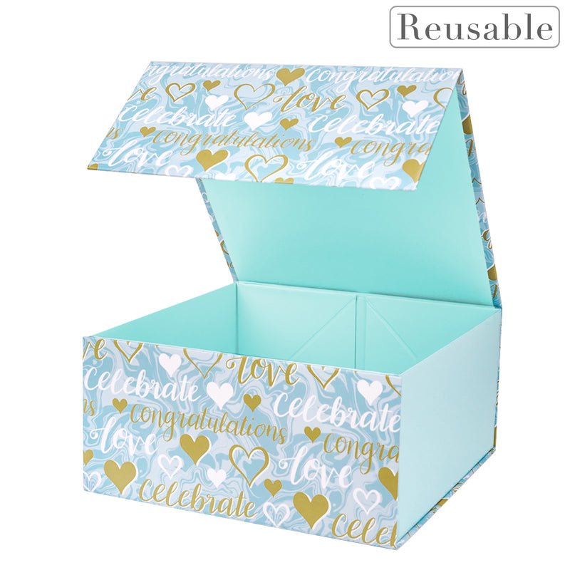 8" x 8" x 4" Collapsable Gift Box w/ 2-pcs White Tissue Paper & Magnetic Square Flap Lid | Wedding Hearts