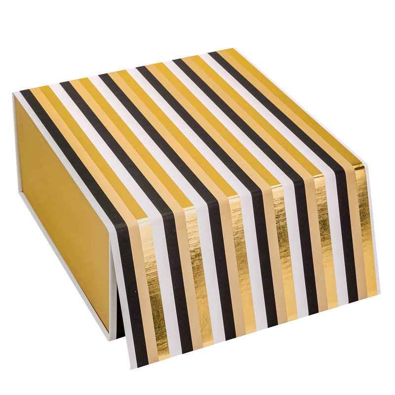 8" x 8" x 4" Collapsable Gift Box w/ 2-pcs White Tissue Paper & Magnetic Square Flap Lid | Classic Stripe