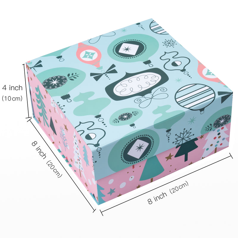 8" x 8" x 4" Collapsable Holiday Gift Box w/ 2-pcs White Tissue Paper & Magnetic Square Flap Lid | Pink And Blue Christmas Ornaments