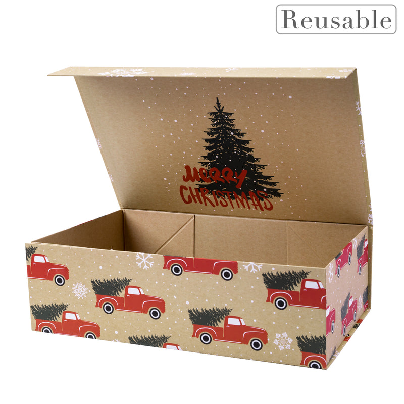 14" x 9" x 4.3" Collapsable Holiday Gift Box w/ 2-pcs White Tissue Paper & Magnetic Square Flap Lid | Red Truck And Christmas Tree