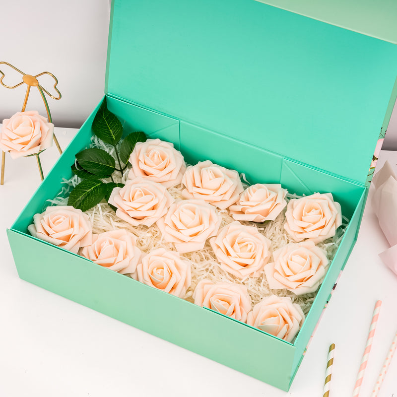 14" x 9" x 4.3" Collapsable Gift Box w/ 2-pcs White Tissue Paper & Magnetic Square Flap Lid | Floral Thank You