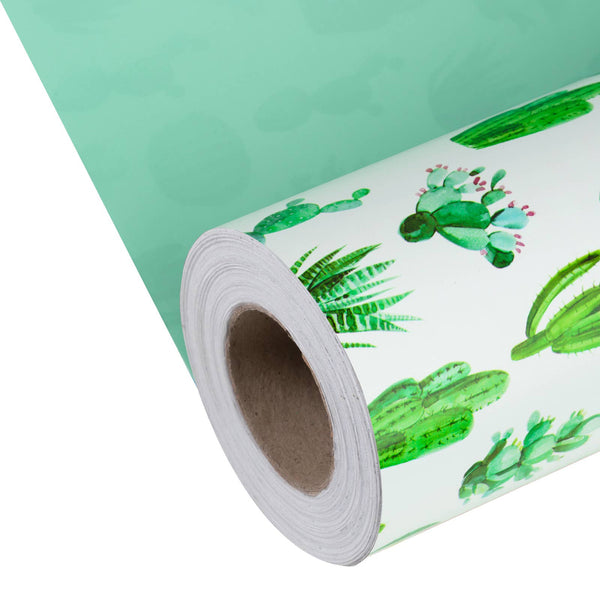 30" x 98.5' Reversible Wrapping Paper | Watercolor White/Green Cactus