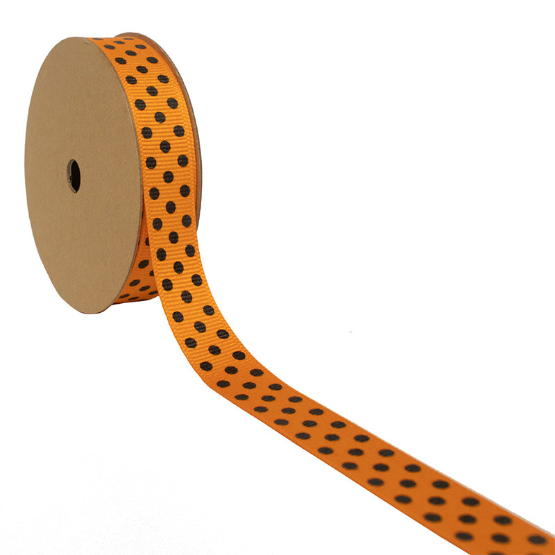 5/8" Confetti Dot Grosgrain Ribbon | Tangerine (668)/Black Dot | 25 Yard Roll