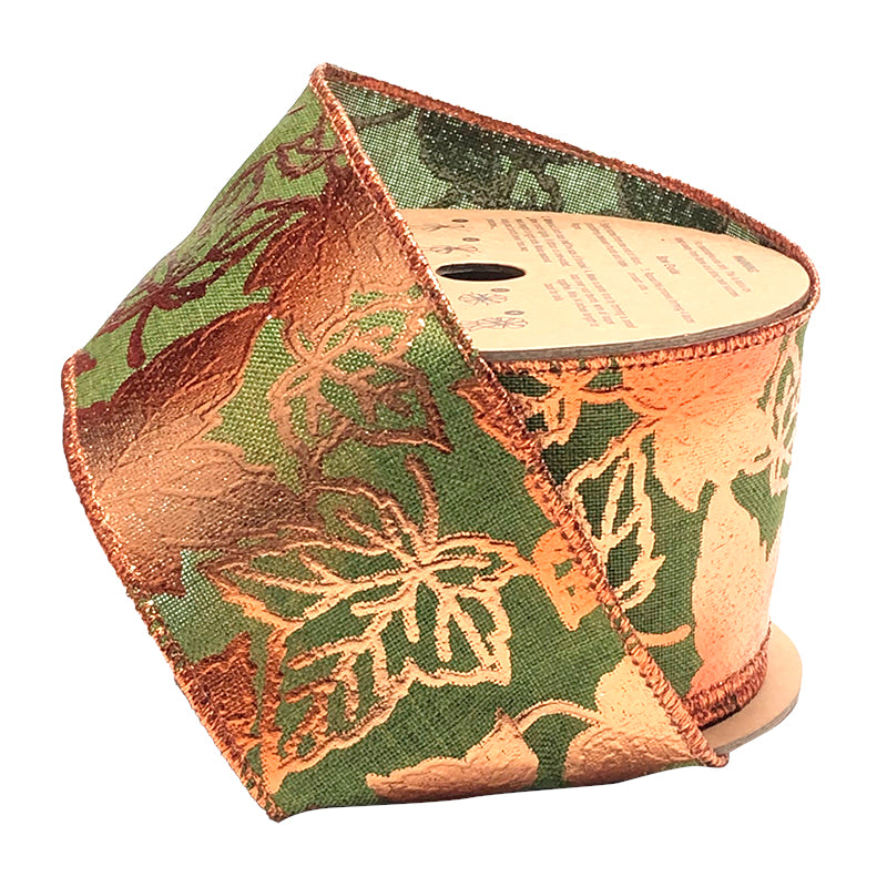 2 1/2" Wired Ribbon | "Metallic Maple Leaf" Green/Copper | 10 Yard Roll