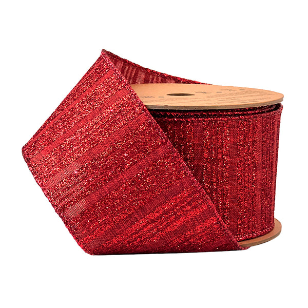 2 1/2" Holiday Wired Ribbon | "Glitter Striped" Cranberry | 10 Yard Roll