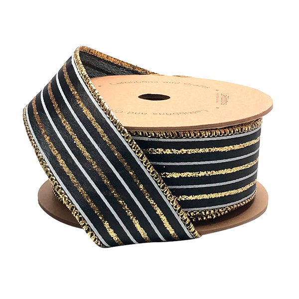 1 1/2" Wired Ribbon | "Glitter Striped" Black/White/Gold | 10 Yard Roll