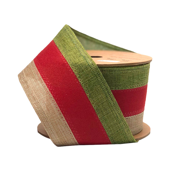 2 1/2" Holiday Wired Ribbon | "Striped" Natural/Red/Green | 10 Yard Roll