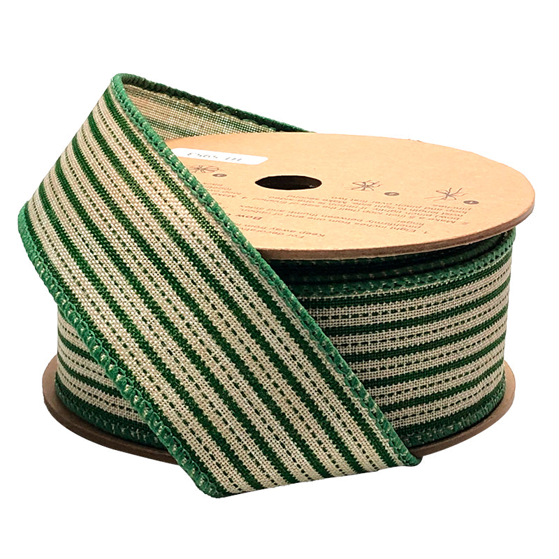 1 1/2" Wired Ribbon | "Mini Striped" White/Green | 10 Yard Roll