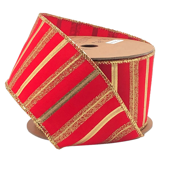 2 1/2" Wired Ribbon | "Flocked Striped" Red/Gold | 10 Yard Roll