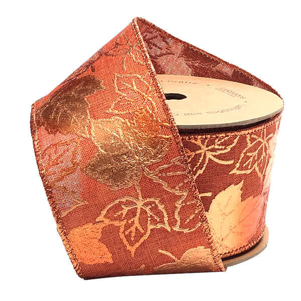 2 1/2" Wired Ribbon | "Metallic Maple Leaf" Rust/Copper | 10 Yard Roll