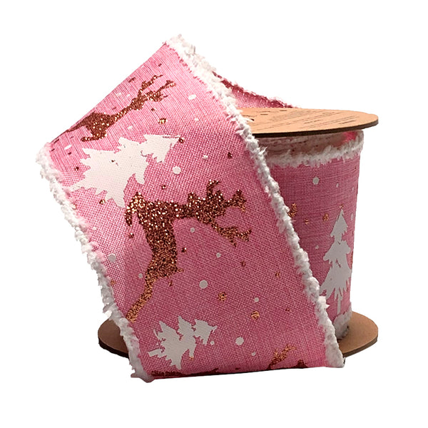 2 1/2" Holiday Wired Ribbon | "Reindeer/Tree" Pink/Natural | 10 Yard Roll