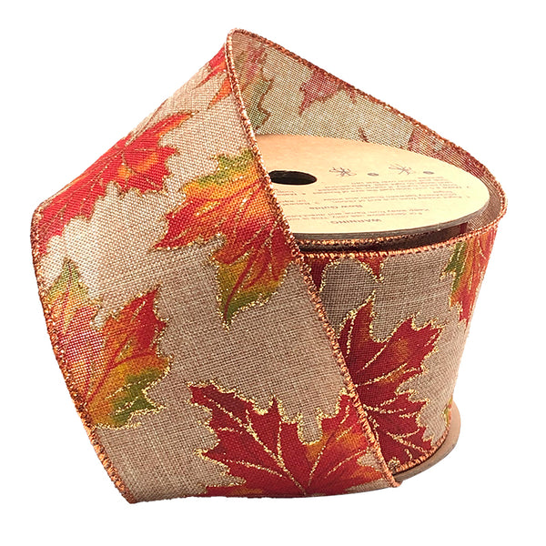 2 1/2" Wired Ribbon | "Glitter Maple Leaf" Natural/Multi | 10 Yard Roll