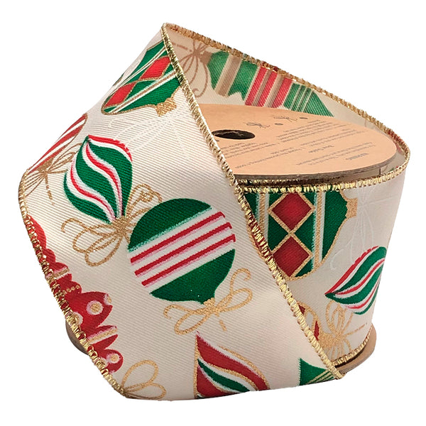 2 1/2" Wired Ribbon | "Holiday Ornament" Antique White/Multi | 10 Yard Roll