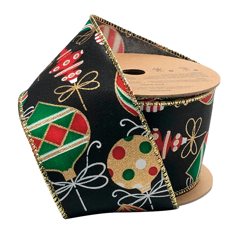 2 1/2" Wired Ribbon | "Holiday Ornament" Black/Multi | 10 Yard Roll