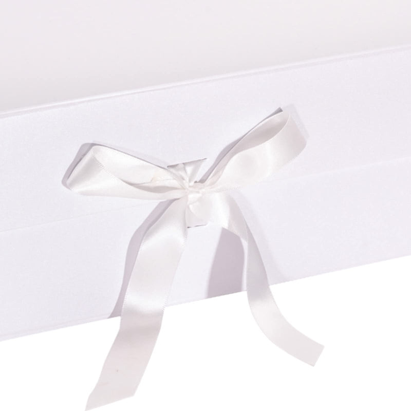 14" x 9" x 4.3" Collapsable Gift Box w/ Satin Ribbon & Magnetic Square Flap Lid | White