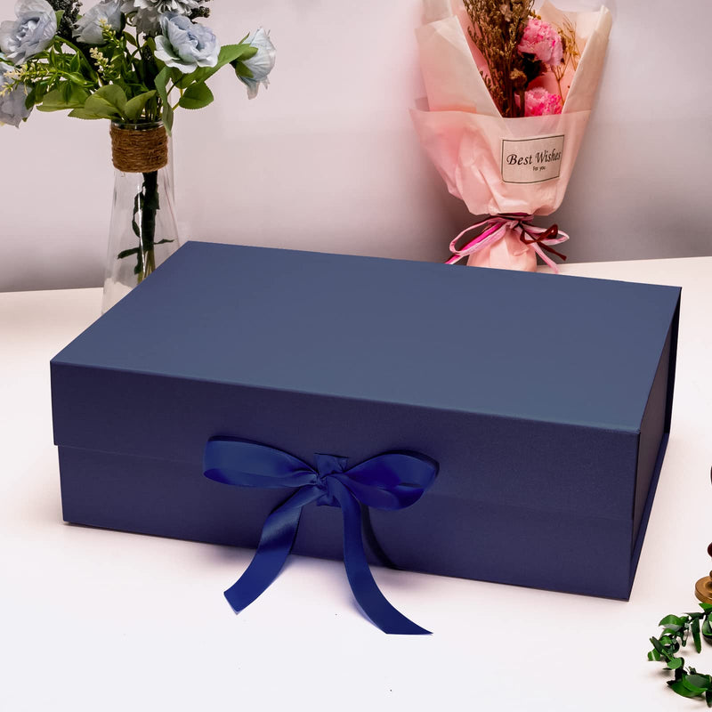 14" x 9" x 4.3" Collapsable Gift Box w/ Satin Ribbon & Magnetic Square Flap Lid (2-pack) | Navy