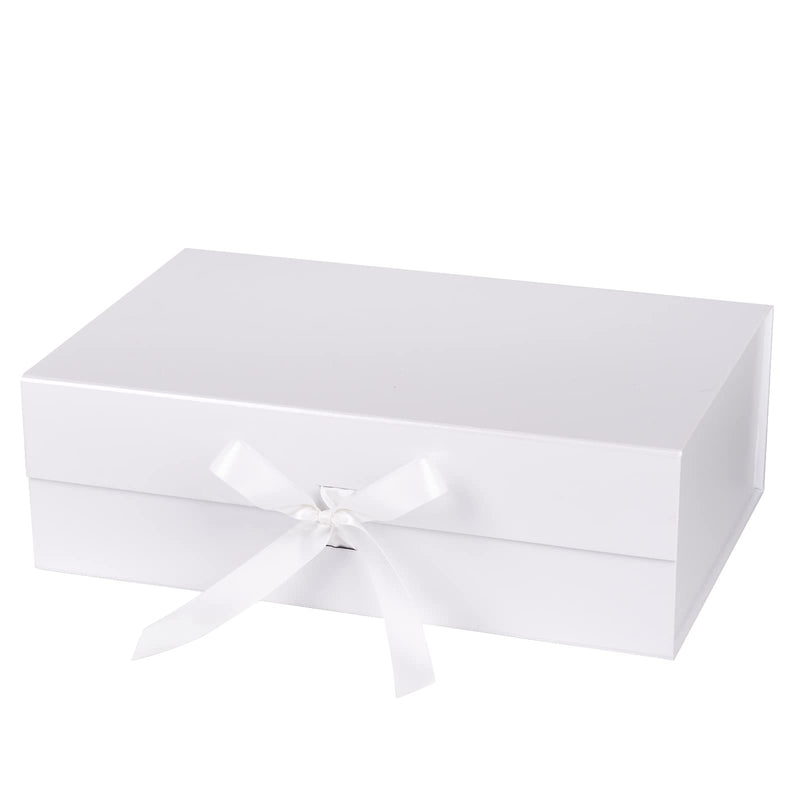 14" x 9" x 4.3" Collapsable Gift Box w/ Satin Ribbon & Magnetic Square Flap Lid | White