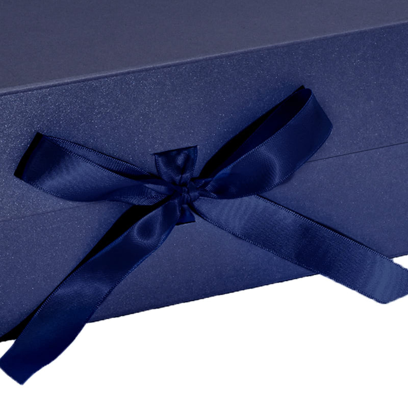 14" x 9" x 4.3" Collapsable Gift Box w/ Satin Ribbon & Magnetic Square Flap Lid (2-pack) | Navy